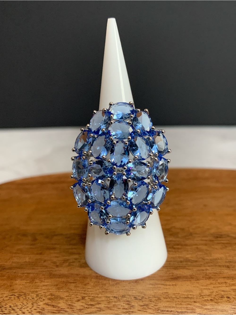 925 plated blue stone cocktail ring size 6